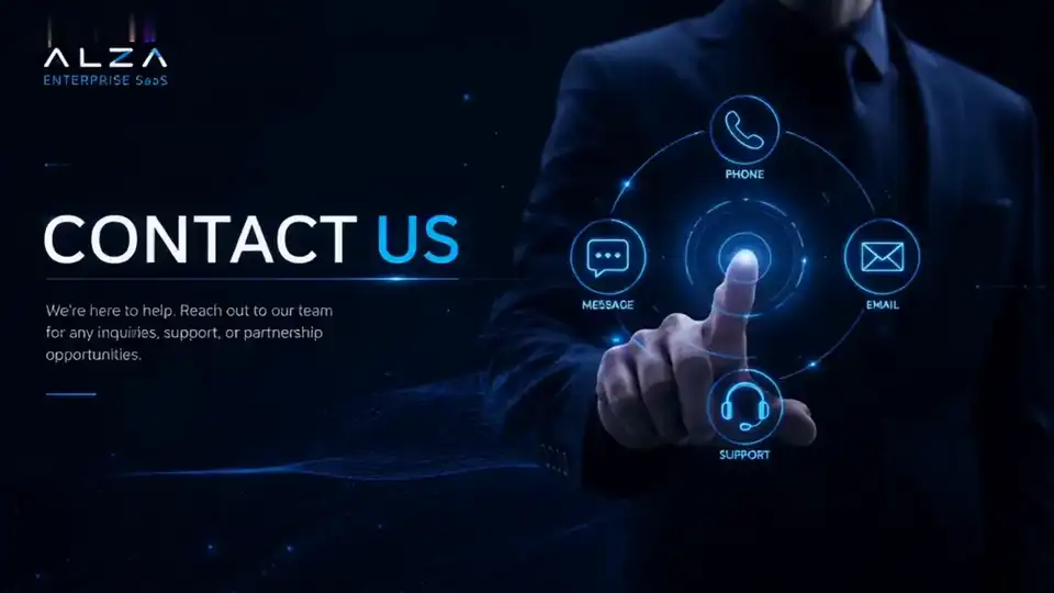 ALZA style contact us illustration showing a futuristic blue contact interface with phone, message, support, and email icons.