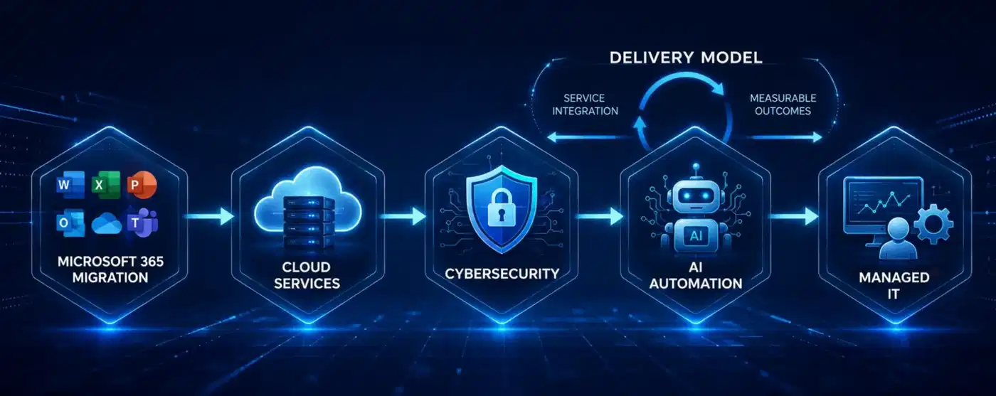 ALZA delivery model showing Microsoft 365 migration, cloud services, cybersecurity, AI automation, and managed IT in a connected enterprise workflow.